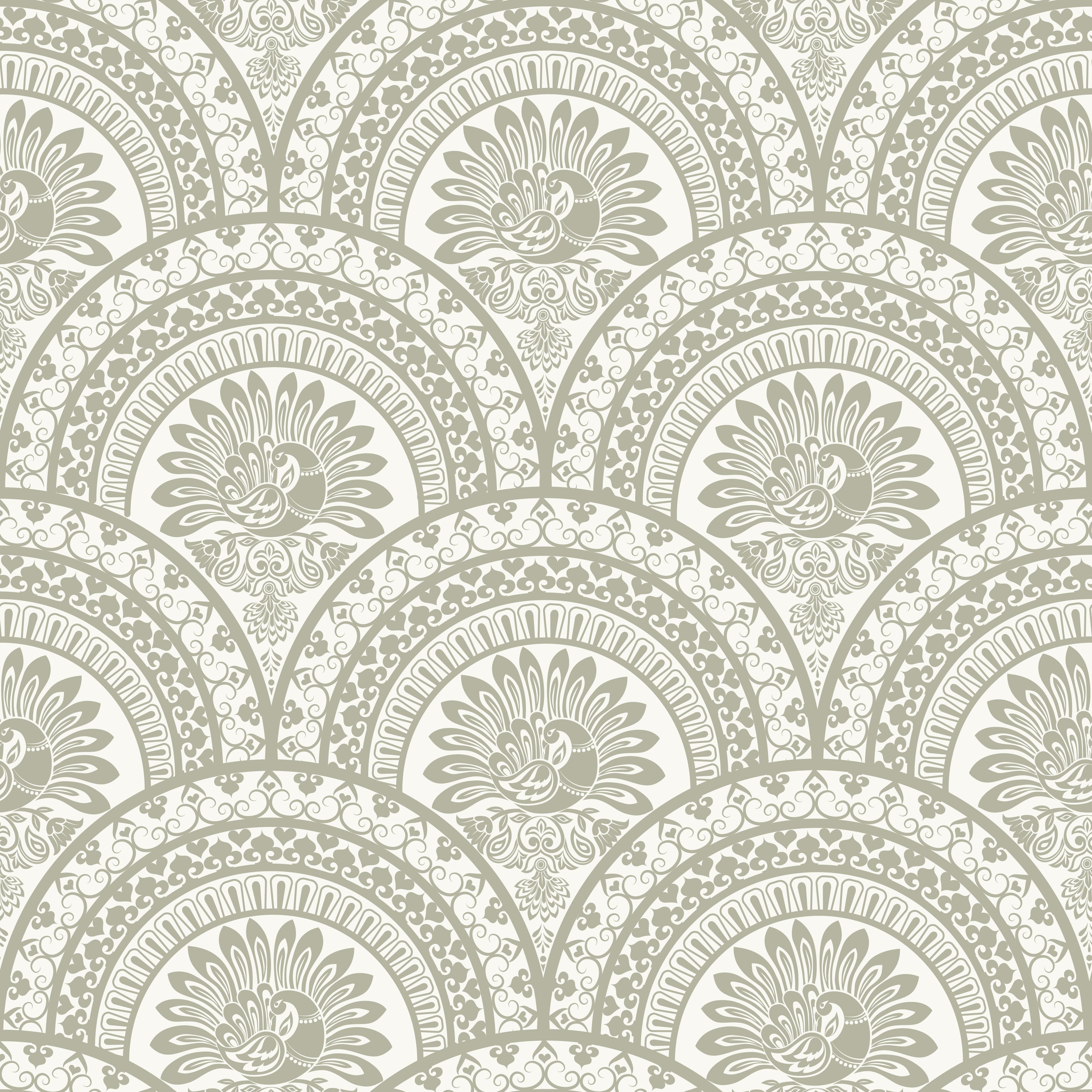 Serene Peacock Sage Grey peel and stick wallpaper pattern detail